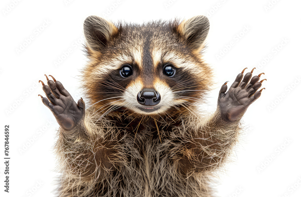 Portrait of a funny raccoon showing a rock gesture isolated on white background create with Ai.
Portrait of a funny raccoon showing a rock gesture isolated on white background create with Ai.
