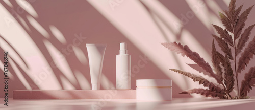 Peach, pink floral showcase with cream jar, container, serum bottle, surreal flowers in trendy pastel color. Shadows effect.Skin Care, makeup concept. Cosmetic product presentation. Generative ai