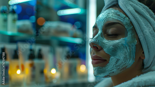 A beautiful woman in mask on face in spa salon " ai generated "
