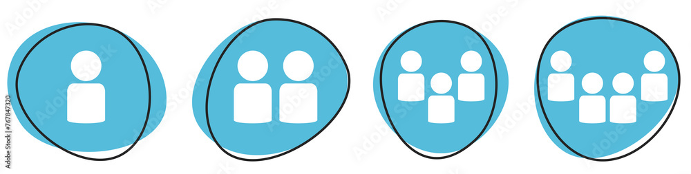 4 blaue Personen Icons mit 1, 2, 3, 4 Leuten - Button Banner 4 blaue Personen Icons mit 1, 2, 3, 4 Leuten - Button Banner