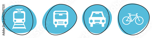 4 blaue Verkehrsmittel Icons: Zug, Bus, Auto, Fahrrad - Button Banner