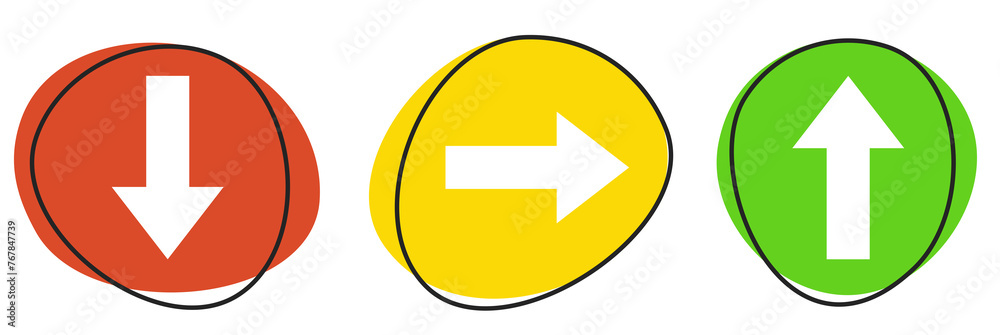 Pfeile in 3 Richtungen auf bunten Buttons Pfeile in 3 Richtungen auf bunten Buttons