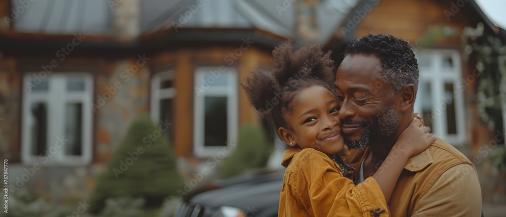 Illustration of a father expressing his love to his daughter in front of his house under the warm morning sun. Used to publicize Father's Day events, activities to promote family relationships. Illustration of a father expressing his love to his daughter in front of his house under the warm morning sun. Used to publicize Father's Day events, activities to promote family relationships.
