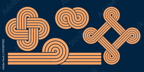 Geometric lines intersecting zen patterns. Abstract shapes and black arches in balanced figures with linear outline strokes design.