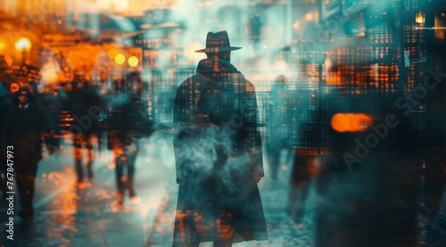 Solitary man in a digitized urban scene. A single person stands distinct against the backdrop of a city, artistically represented with digital fragmentation and abstract elements photo