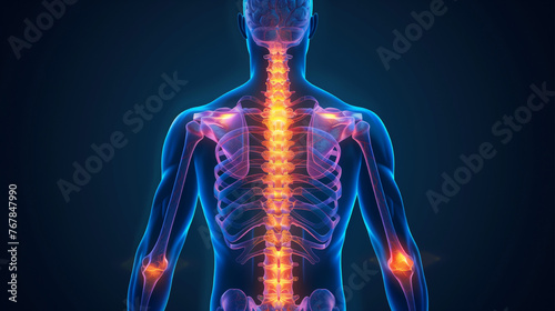 Illustration of back pain, highlighted in blue in the spine area, on a transparent background.