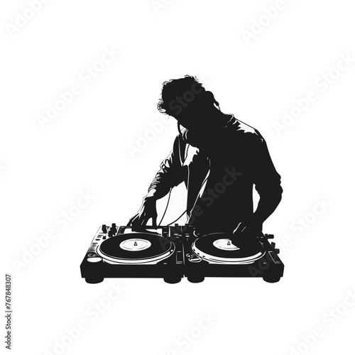 Disc jockey man silhouette, DJ and record decks vector isolated on white