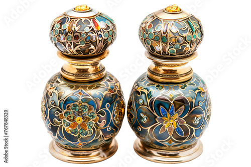 A Pair of Russian Gilded Silver and Shaded Enamel Perfume on Transparent Background