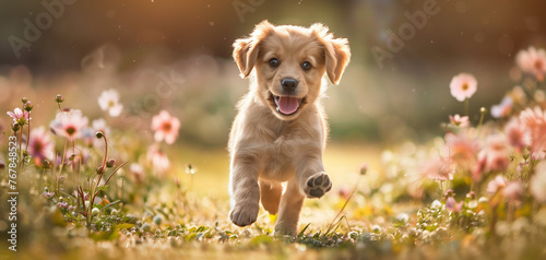 Adorable golden retriever Puppy Running through a Meadow of Blooming Wildflowers