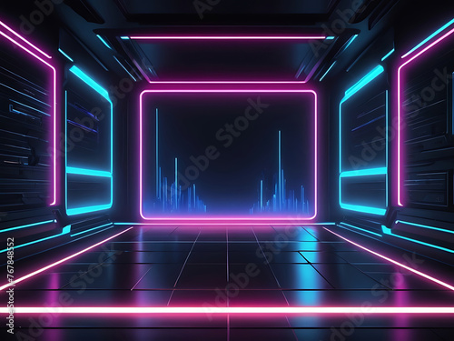 Scifi and cyber vintage neon frame wallpaper equalizer effect science fiction background. ai