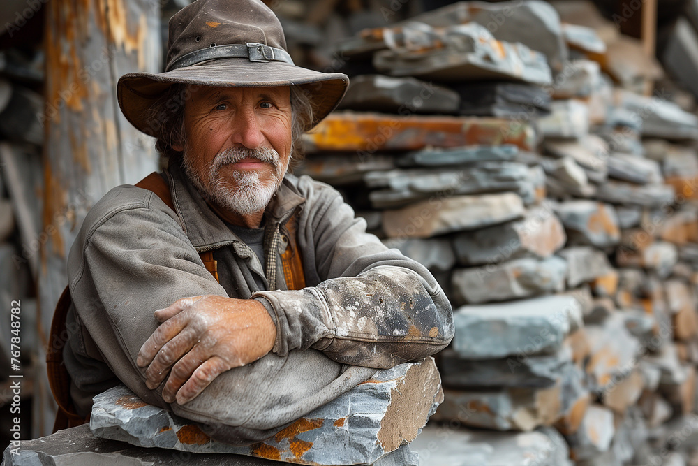 Stonemason. Man in hat leaning against pile of rocks