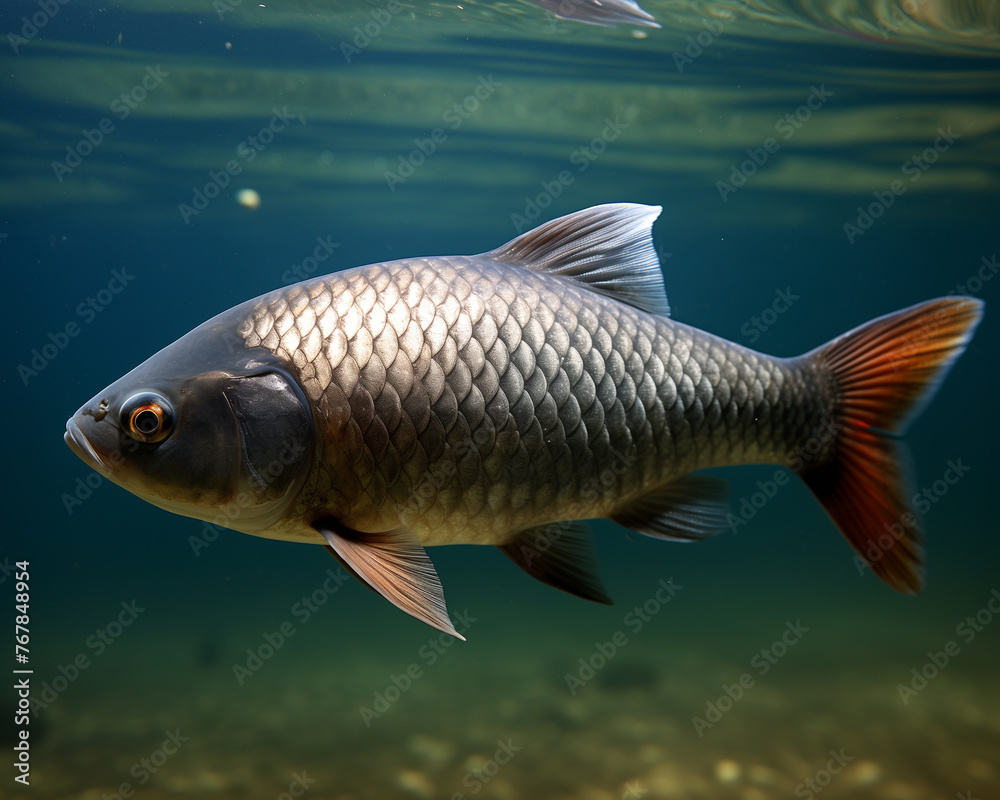 A large goldfish swims gracefully in a sunlit pond displaying its vibrant orange fins and shimmering scales A large goldfish swims gracefully in a sunlit pond displaying its vibrant orange fins and shimmering scales