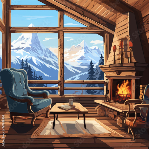 Chalet living room with winter mountain view in window. Vector cartoon illustration of house interior with old stone fireplace, rustic table, armchairs,