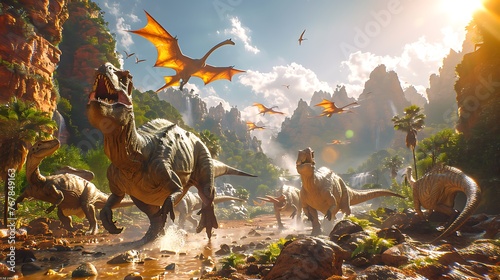 Dinosaurs in an ancient world jungle landscape with mountains and waterfalls