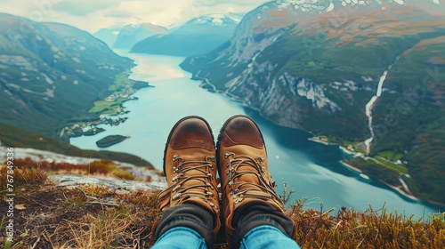 Mountains view lake river fjord - Hiking hiker traveler couple landscape adventure nature sport background panorama Feet with hiking shoes from a woman A triumphant hiker reaches a mountain peak