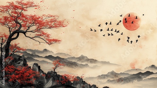 A vintage art landscape with abstract elements and Asian traditions, including a bamboo tree, birds, leaves, cloud and bonsai decorations.