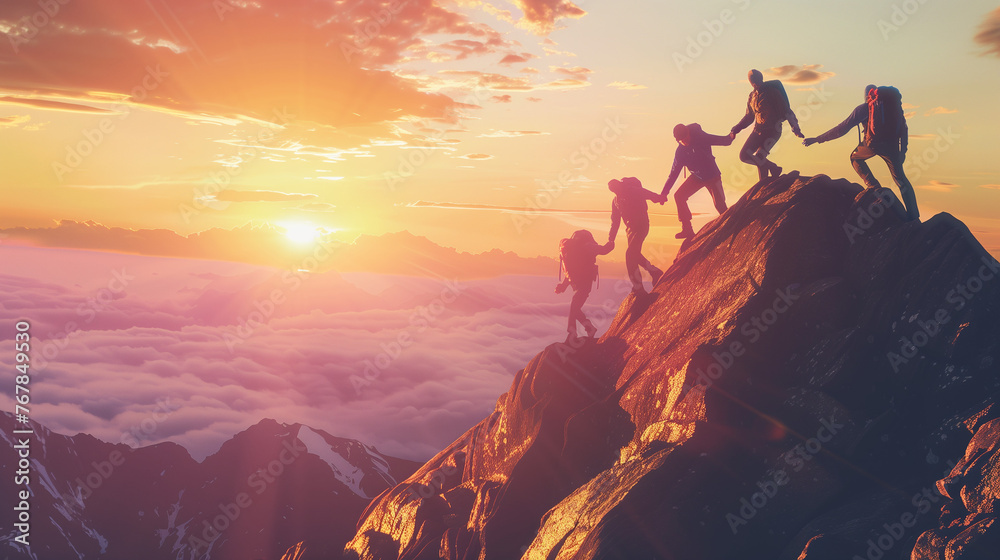 5 people helping each other reach the top of the mountain, golden hour light, clouds below, sunset sky, beautiful scenery, high resolution photography