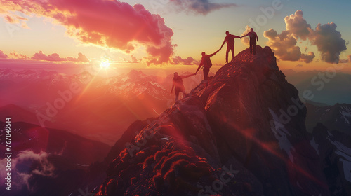 Three people helping each other reach the top of the mountain, at sunrise, with dramatic light, in the style of photo realistic, high resolution photography, of high definition quality