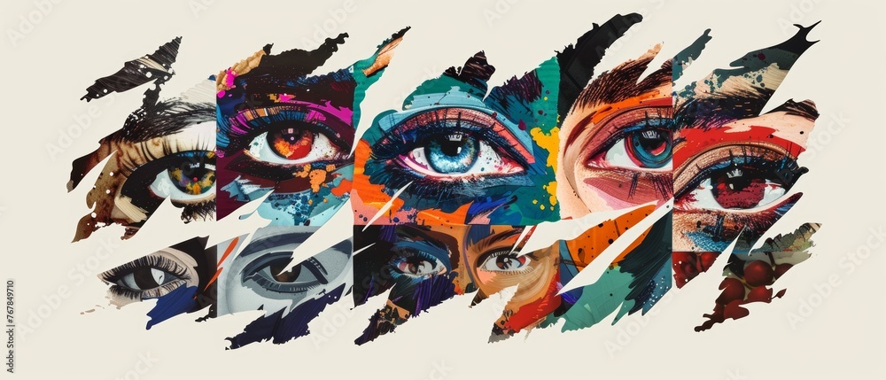 As if cut from a magazine, this pack of rainbow eyes is isolated and offers a stipple grunge aesthetic for collages with a variety of emotions.