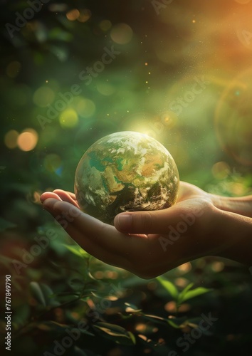 3D model of the earth on a hand on a green background.