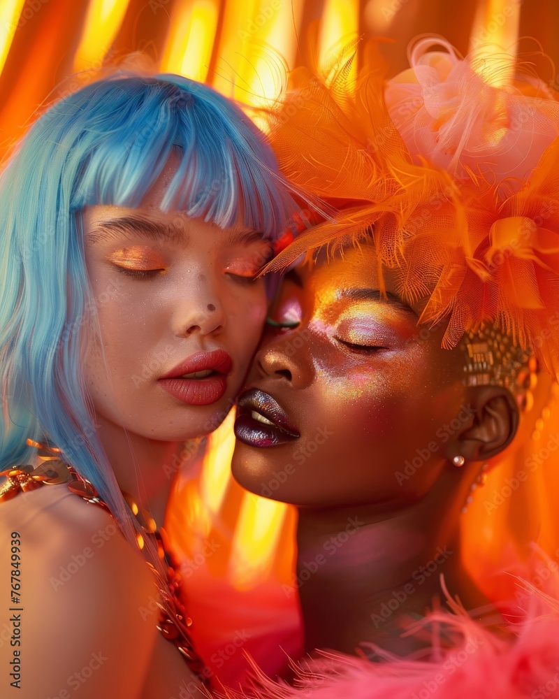 Models with vivid makeup and feathers. Highly stylized portrait of two models with bold makeup and extravagant feathers creating a sensory visual experience