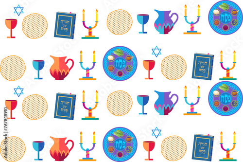 Happy Passover Hebrew text greeting card with decorative traditional icons Kiddush cup, four wine glass, matzo matzah - Jewish traditional bread for Passover Seder, Pesach plate, Haggadah book Vintage