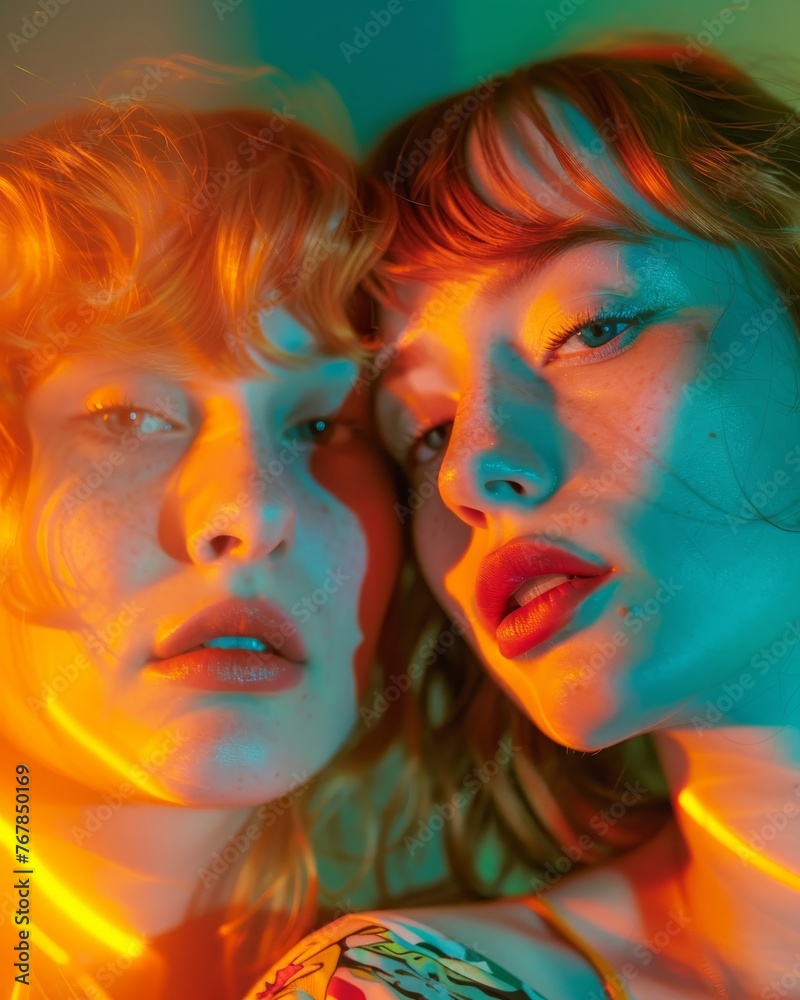 Siblings in blue and orange light. An evocative portrait of siblings with freckles, immersed in contrasting blue and orange lighting effects