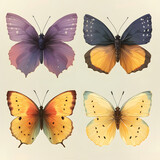 Set of four colorful butterflies isolated on white background. Digital illustration of insects for spring and nature design concept