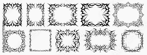 Collection Of Grunge Y2k Tattoo Streetwear Graphic Elements. Gothic Neo Tribal Cyber Sigilism Frame Shapes Vector Design.