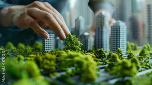 Woman modeling sustainable green city concept with eco friendly white buildings and small trees from paper, representing urban planning and environmental conservation. Generative ai