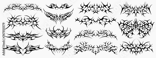 Collection Of Grunge Y2k Tattoo Streetwear Graphic Elements. Gothic Neo Tribal Cyber Sigilism Shapes Vector Design. photo