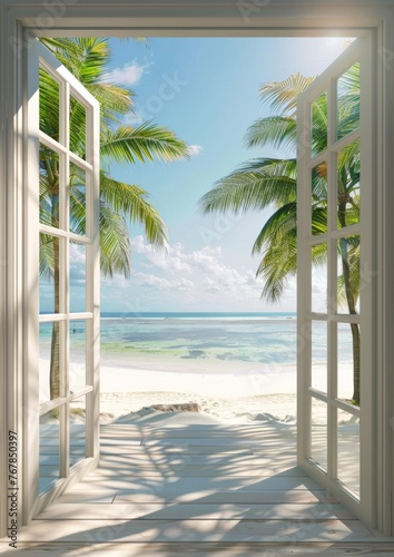 Open glass balcony doors overlooking the beautiful beach and sea.