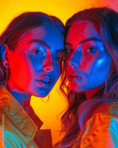Bold colored image of a woman in yellow jacket. An artistic photo featuring a woman adorned with colorful lighting and a shiny yellow jacket, embodying a vibrant aura © Vuk