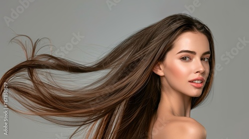 Portrait of a beautiful young woman with long straight shiny healthy brown hairs looking at the camera with hair tossing in the air  isolated on gray background  salon cosmetic shampoo  conditioner.