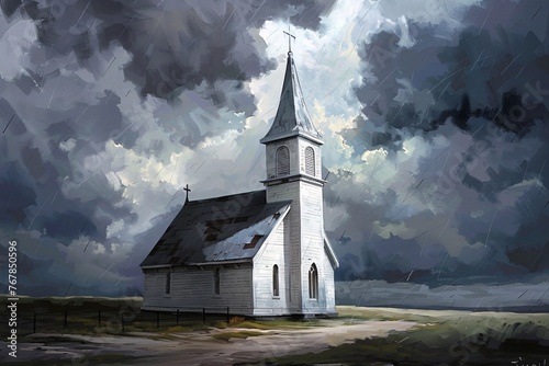 a church with a steeple and a cloudy sky