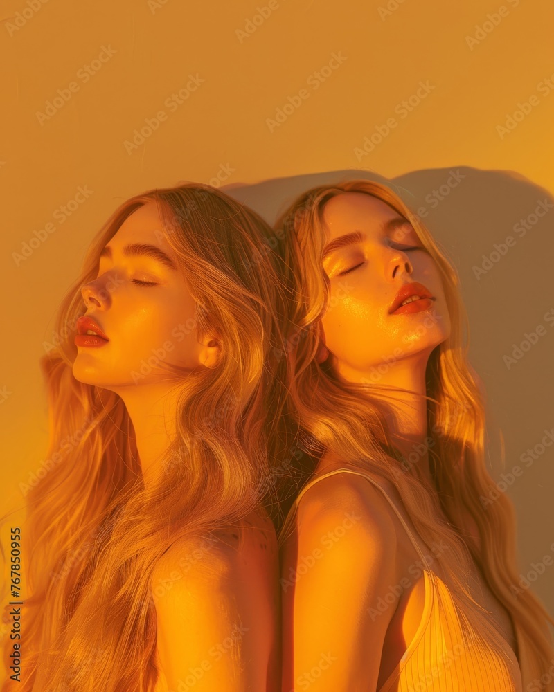 Twinned women in a golden hour light setting. A serene image of two women during golden hour, their mirrored stances exuding calmness and a sense of duality