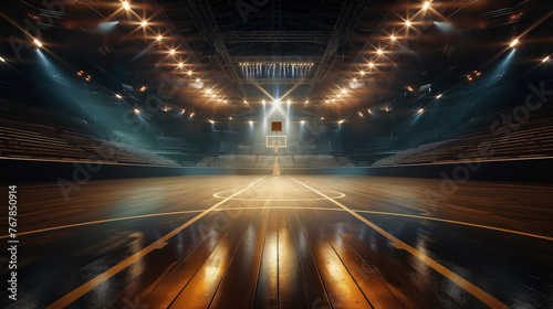 Large indoor basketball court in darkness and spotlights reflecting in wooden floor. Panoramic view. Horizontal orientation.