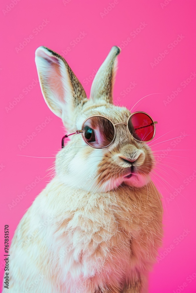 Cute bunny in sunglasses on a pink background. Easter holiday concept. Copy space.