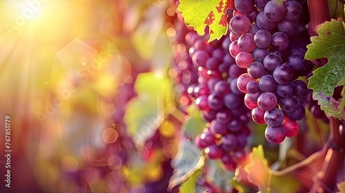 Red wine grapes on vine in summer vineyard on blurred vineyard background, close upClose-up of a red grape cluster hanging on a vine in a sunny vineyard photo