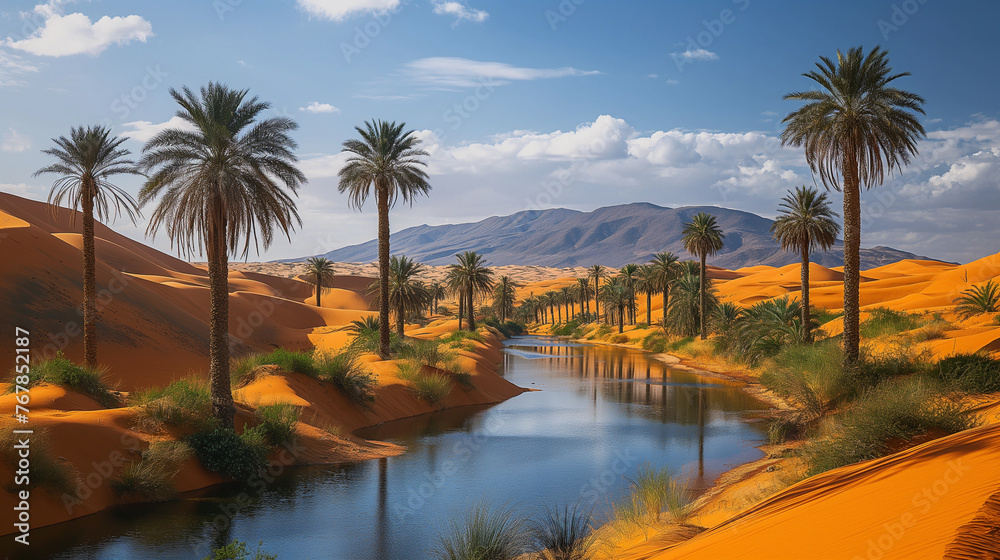 A lush oasis nestled within the arid landscape of the Sahara Desert invites weary travelers to rest beneath the shade of towering palm trees, their verdant fronds swaying gently in