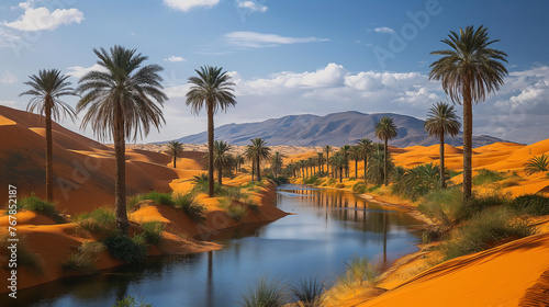 A lush oasis nestled within the arid landscape of the Sahara Desert invites weary travelers to rest beneath the shade of towering palm trees, their verdant fronds swaying gently in