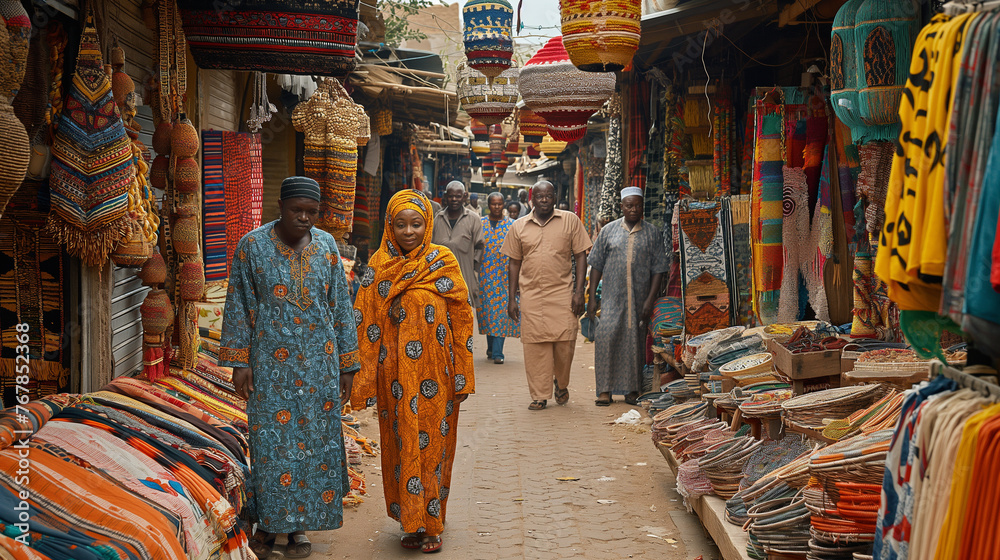 Obraz premium A bustling market teems with life as vendors from across the continent gather to showcase an array of colorful textiles, handcrafted jewelry, and exotic spices, creating a vibrant