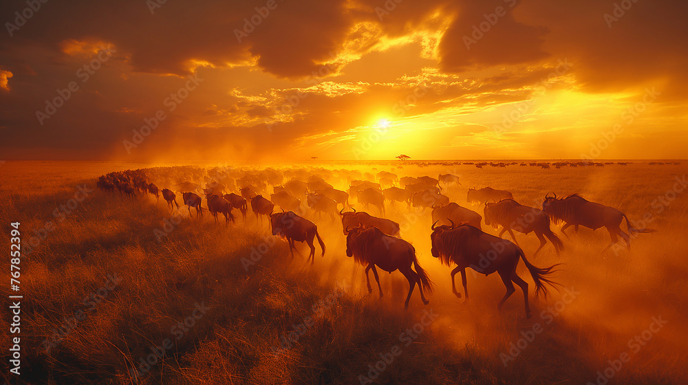 Against the backdrop of a fiery sunset, a herd of wildebeest embarks on its annual migration across the Serengeti, a spectacle of nature that has unfolded for millennia, symbolizin