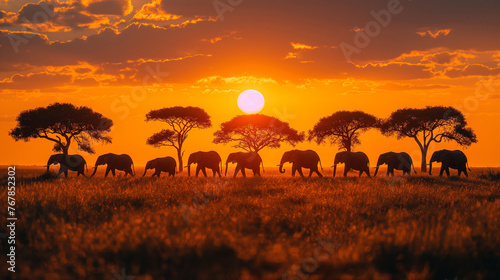 A majestic herd of elephants traverses the golden savanna at sunrise, their silhouettes cast against the backdrop of a vibrant African sky. photo