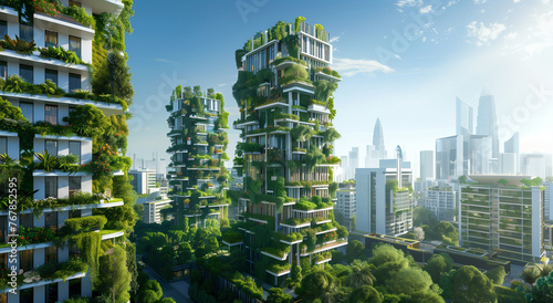 Green plants and gardens integrated with modern buildings in a smart city
