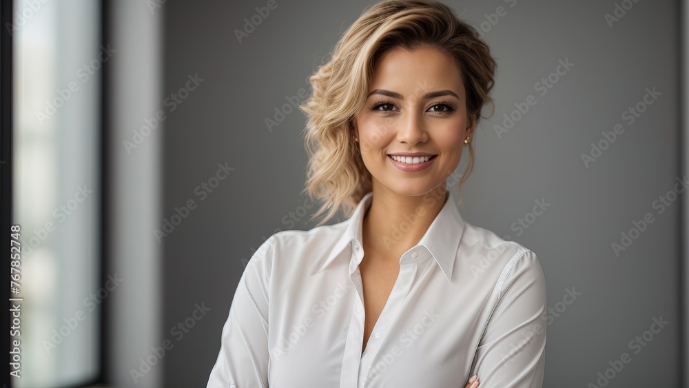 Happy young smiling confident professional business woman wearing white shirt Happy young smiling confident professional business woman wearing white shirt