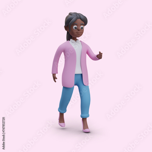 Dark skinned woman is in hurry. Female character in jeans and heels walks forward