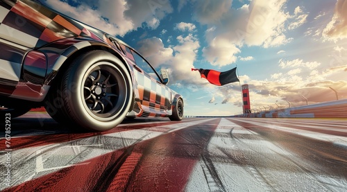 "A Car Racing on a Checkered Flag Tarmac in the Sunset"  