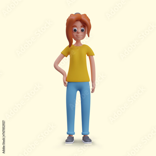 Female realistic character in jeans. Red haired woman stands with her hand on her waist