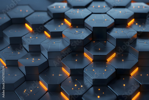 abstract geometric background in the form of 3d dark hexagons and lights, futuristic hexagons with neon orange light with glowing dots